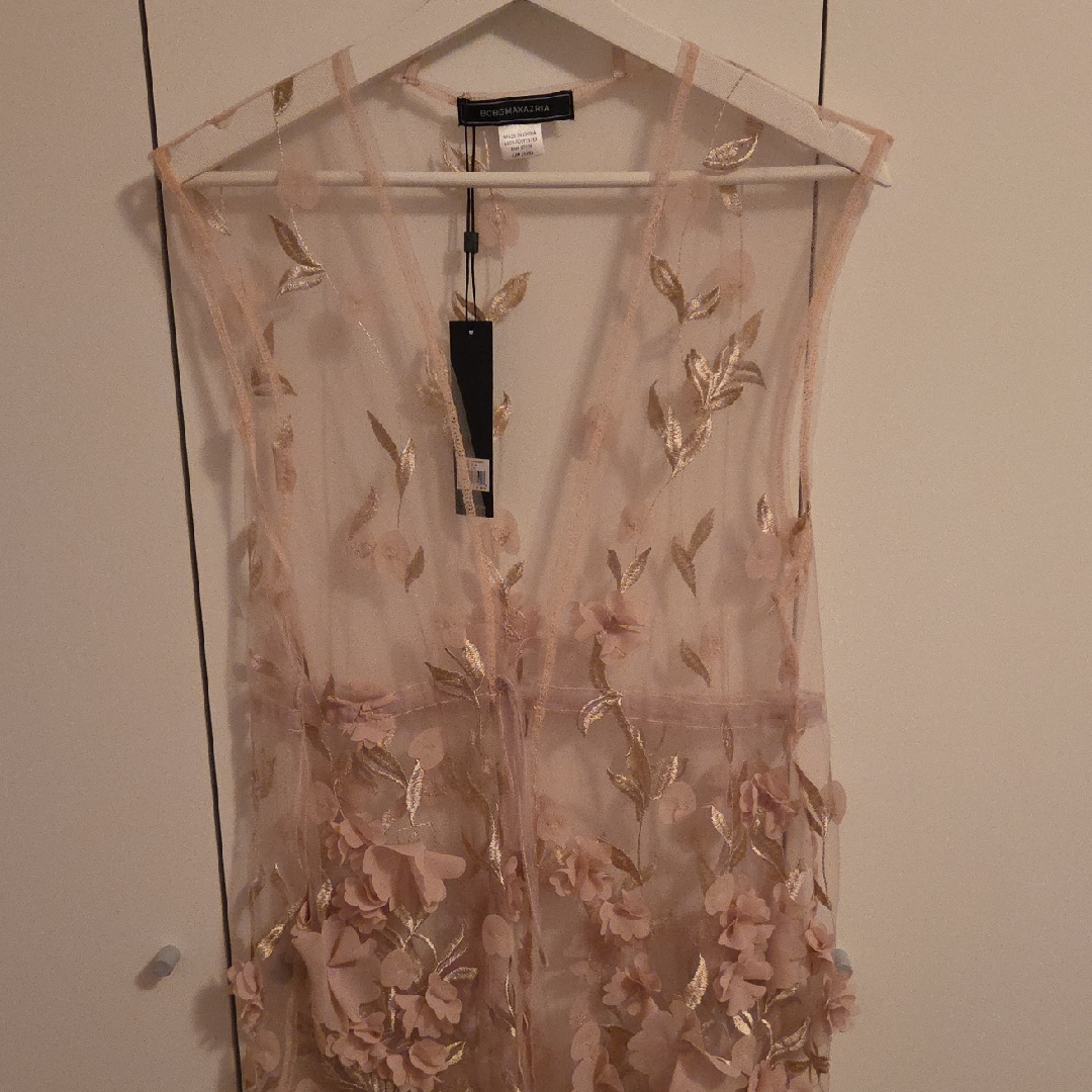 Bcbgmaxazria Blush Pink Sheer Floral Appliqu Vest With Gold Accents